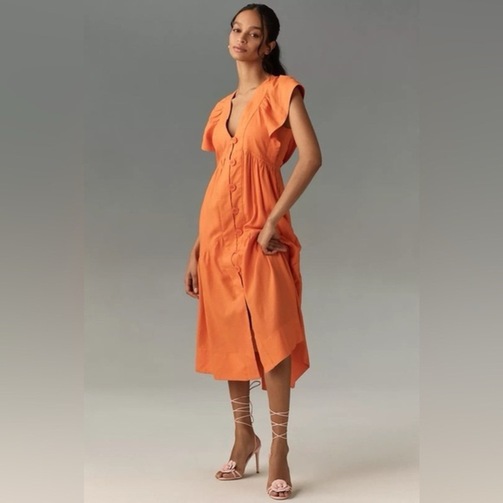 NWT Size XL  The Reneé FlutterSleeve Linen ButtonFront Midi Dress